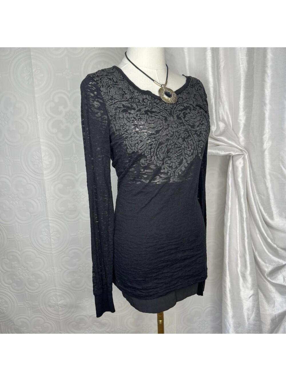 BKE Fitted Black Sheer Long Sleeve Top